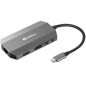 Sandberg USB-C 6-in-1 Travel Dock, silver, with HDMI, USB-C, USB 3.0, RJ45, SD card reader, and headphone/microphone ports - Laptop accessory