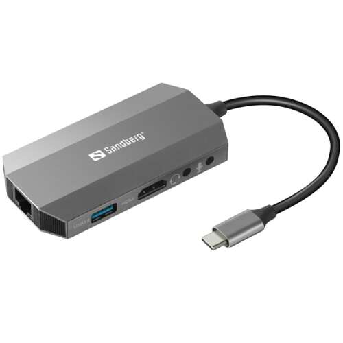 Sandberg USB-C 6 az 1-ben utazási dokkoló, ezüst színben, HDMI, USB-C, USB 3.0, RJ45, SD kártyaolvasó és fejhallgató/mikrofon csatlakozókkal