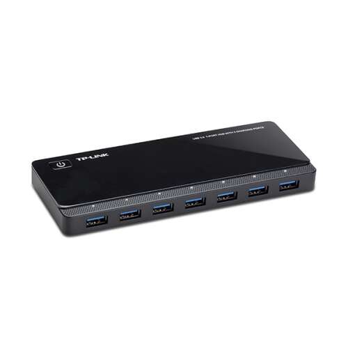 TP-Link UH720 USB 3.0 Hub 7 porttal és 2 töltő csatlakozóval, fekete, elülső nézet