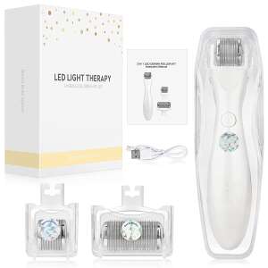 Mezoterápiás dermaroller kit with LED light therapy, 3 interchangeable heads, and USB charging cable - Facial care device
