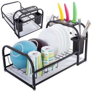 Black dish drying rack with two tiers, a tray, and a knife holder - Dish Rack