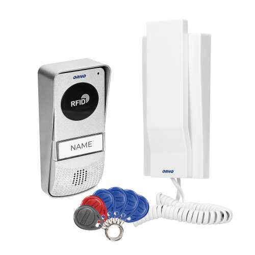 MIZAR 1 családos, felületre szerelhető kaputelefon készlet kulcstartó olvasóval, ezüst és fehér színben, 5 kulcstartóval