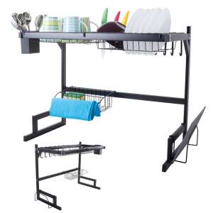 Black dish drying rack with two tiers, cutlery holder, and hooks for hanging utensils - Kitchen tool