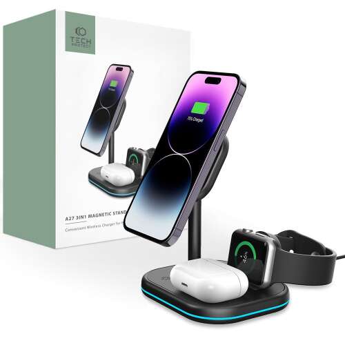 Tech-Protect A27 3 az 1-ben mágneses állvány, Qi vezeték nélküli töltő iPhone-hoz, Apple Watch-hoz és AirPods-hoz