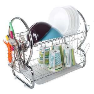 Stainless steel dish drying rack with two tiers, cutlery holder, and cup holder, silver - Dish Rack