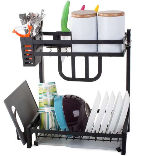 Black dish drying rack with two tiers, cutlery holder, knife holder, and cutting board holder