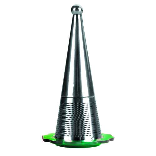 Ibili tea infuser in use, stainless steel, cone shaped, green base, tea brewing, loose leaf tea