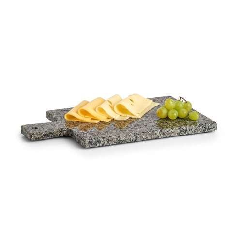 Zeller granite serving board with cheese and grapes, angled view
