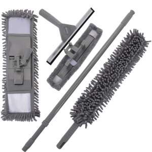 Koopman International Clean Top 4 piece cleaning set, gray, includes telescopic handle, window squeegee, flat microfiber mop, and large microfiber brush - Felmosó