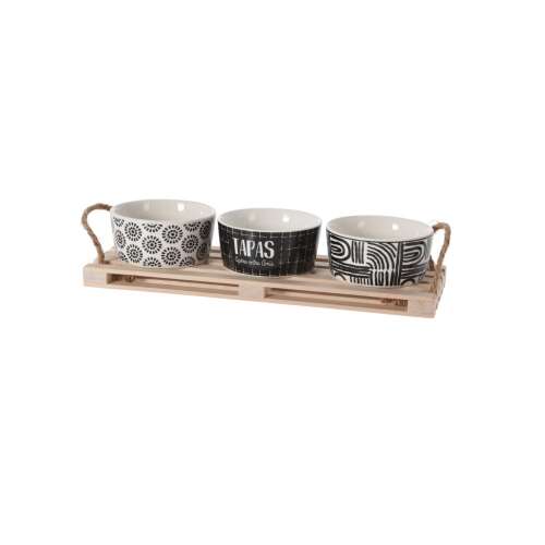 Excellent Houseware Serving Set, 4 piece tapas bowls with wooden tray, black and white