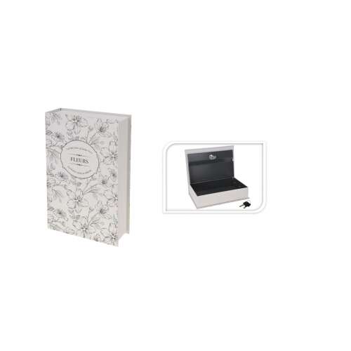 Biely kovový trezor v tvare knihy s kvetinovým vzorom, značka Excellent Houseware