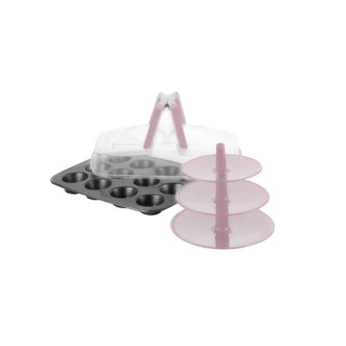 Zestaw do pieczenia muffinek Ibili, zawiera formę do muffinek, pokrywkę do transportu muffinek i stojak do serwowania muffinek