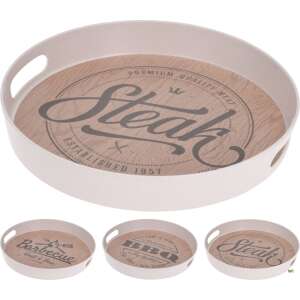 Set mit 3 runden Serviertabletts mit Griffen, mit Holzoptik und verschiedenen BBQ-Motiven: Steak, BBQ und Barbecue. Perfekt zum Servieren von Snacks, Getränken und Vorspeisen. - Teller