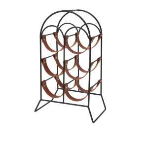 Schwarzer Weinflaschenhalter aus Metall mit braunen Lederriemen, Home&Styling Collection - Barzubehör