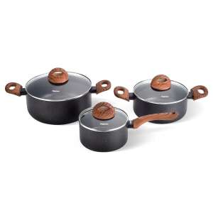 Fissman Black Cosmic 6-piece cookware set, featuring three pots with lids - Fissman