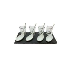Excellent Houseware 13 piece appetizer set, black slate serving tray with 4 white porcelain bowls, 4 spoons, and 4 glass shot glasses - Serving