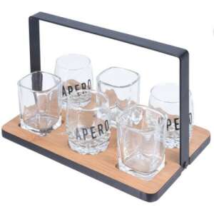 Koopman 7 piece serving tray with glasses, bamboo, glass, metal, black, brown, transparent - Tray