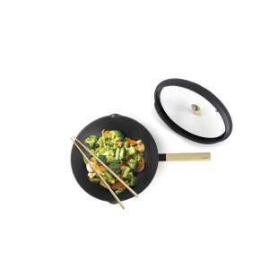 Ibili Luxe wok pan with lid, black aluminum, 30x8.5-12 cm, wooden handle, cooking vegetables - Ibili