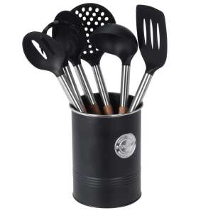Excellent Houseware Bistro Collection 7-piece kitchen utensil set with black metal holder, includes slotted spoon, ladle, spatula, perforated spoon, pasta spoon, and whisk - Kitchen Tool Set