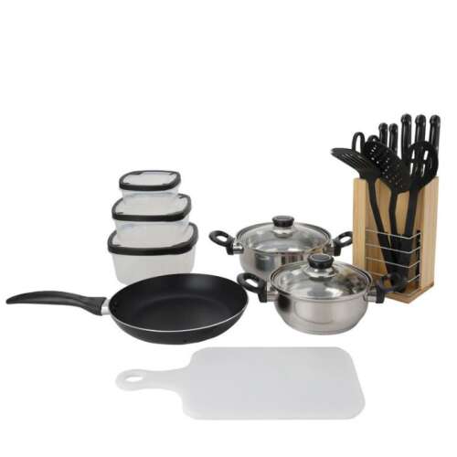 Excellent Houseware 18 piece stainless steel cookware set with pots, pans, utensils, and storage containers