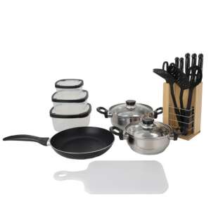 Excellent Houseware 18-teiliges Edelstahl-Kochgeschirr-Set mit Töpfen, Pfannen, Utensilien und Aufbewahrungsbehältern - Koch- & Backgeschirr