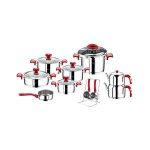 OMS 18 piece stainless steel cookware set with red handles - Nonbrand Crockery