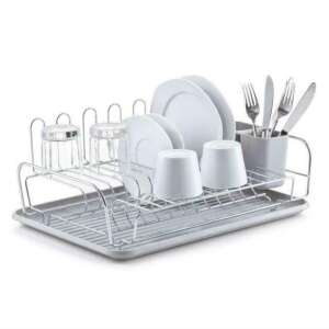 Zeller dish drying rack with chrome frame, gray plastic tray, and cutlery holder - Dish Rack