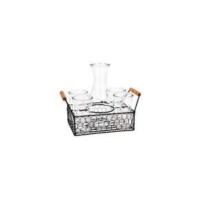 Excellent Houseware 6 piece drinkware set with pitcher and glasses in a black wire basket with wooden handles - Serving