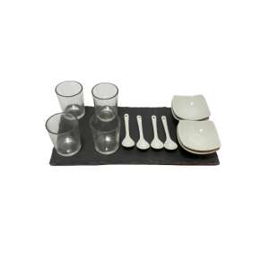 Excellent Houseware Appetizer Set, 13 piece serving set with slate tray, 4 glass cups, 4 porcelain bowls, 4 spoons - Serving tray