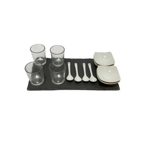 Excellent Houseware Appetizer Set, 13 piece serving set with slate tray, 4 glass cups, 4 porcelain bowls, 4 spoons