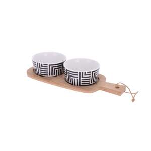 Excellent Houseware Serving Set, black and white geometric design, bamboo serving tray with two porcelain bowls - Serving tray