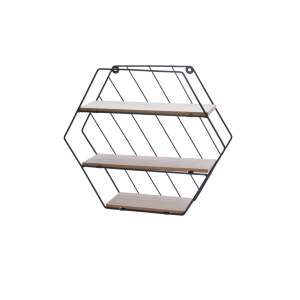 Schwarzes Metall-Wandregal mit 3 Holzböden, sechseckige Form, Excellent Houseware - Regale