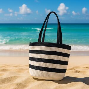 Czarna torba plażowa w białe paski 137874514 - Walizka i torba