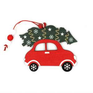 Wooden Decoration - Small Red Car with Green Fir Tree 65475242 - Nonbrand Christmas Decoration