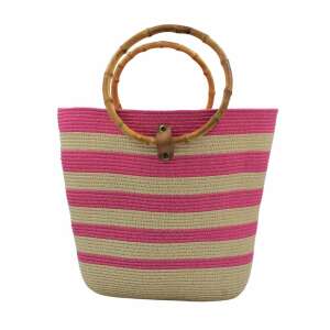 Geantă de plajă cu dungi roz și bej cu mânere din bambus - Accesorii pentru îmbrăcăminte
