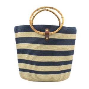 Geantă de plajă cu dungi albastre și bej cu mânere din bambus - Accesorii pentru îmbrăcăminte
