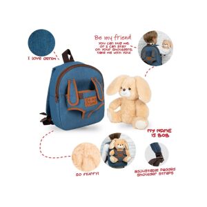 Perletti Be My Friend backpack with plush bunny Bob, denim kids backpack with removable plush toy, 21 cm - Perletti