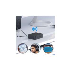 Bluetooth 5.0 audio adó adapter optikai, koaxiális, AUX és TF kártya bemenetekkel, TV-hez csatlakoztatva, fejhallgatóval és hangszóróval a háttérben - Bluetooth adapter