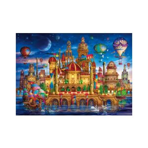 Clementoni Belváros 6000 darabos puzzle, mely egy élénk városképet ábrázol hőlégballonokkal és hattyúkkal. - Clementoni Puzzle