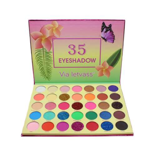 Via Letvass 35 Lidschatten-Palette, geöffnet und zeigt alle 35 Lidschatten-Farbtöne, perfekt für die Kreation einer Vielzahl von Looks
