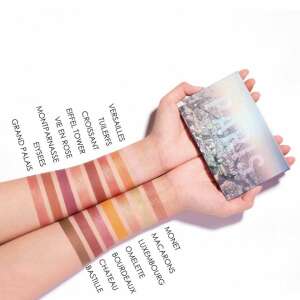 Focallure Go Travel Eyeshadow Palette, 15 colors, #1 Hi Paris shade, showing swatches of all colors on skin - Focallure