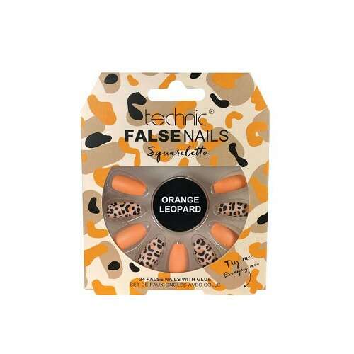 Technic Squareletto Kunstnägel in Orange Leopard, 24 Stück mit Kleber