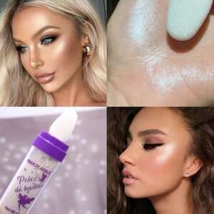 Rozświetlający puder do twarzy i ciała Favor Beauty Polvo De Hadas, pokazany na twarzy i ciele modelki, a także zbliżenie produktu - Uroda i zdrowie