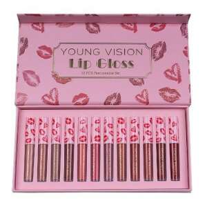 Young Vision 12 PCS Fashionable Lip Gloss Set, 12 shades of lip gloss in a pink box with a lip print design - Mouth