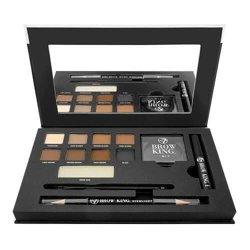 W7 Brow King Ultimate Augen- und Augenbrauenpalette, geöffnet, zeigt alle Produkte im Inneren