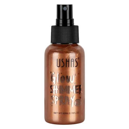 Ushas Glow Shimmer Spray, 80 ml, spray iluminator pentru corp și față, oferă un finisaj radiant frumos, poate fi folosit înainte sau după machiaj