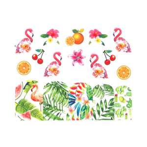 Körömmatricák flamingóval, trópusi levelekkel, virágokkal és gyümölcsökkel - Körömmatrica