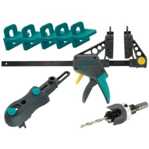 Wolfcraft 6988000 padlóburkoló szerelőkészlet alkatrészei: szorító, fúróvezető, csavarindító, távtartók, szorítópofák - Wolfcraft