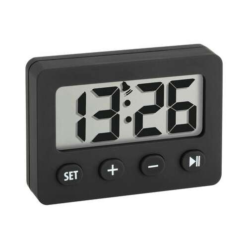 Schwarzer digitaler Wecker mit Timer- und Stoppuhrfunktion, Marke TFA