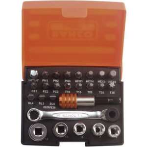 Bahco 2058/S26 26 részes csavarhúzó és dugókulcs készlet racsnival, tartalmaz különböző méretű Phillips, Pozidriv, Torx, lapos és hatszögletű biteket, valamint dugókulcsokat - Bahco